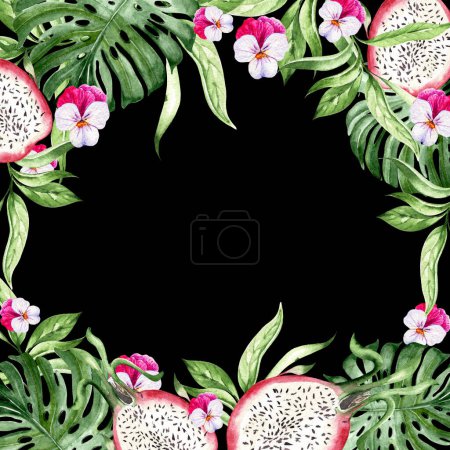 Téléchargez les photos : Dragon fruit and pansy flowers, tropical leaves, card on black background, watercolor illustration, hand drawing - en image libre de droit
