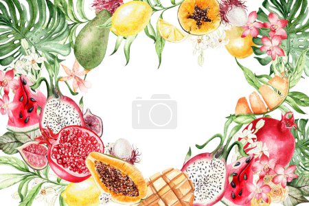 Foto de Tropical fruits,  watermelon, lemons, avocado, dragon fruits,pomegranate,  mango, orchid flowers and leaves  Card on white background, watercolor illustration, hand drawing - Imagen libre de derechos