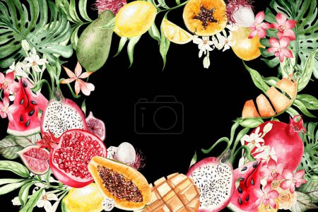 Foto de Tropical fruits,  watermelon, lemons, avocado, dragon fruits,pomegranate,  mango, orchid flowers and leaves  Card on black background, watercolor illustration, hand drawing - Imagen libre de derechos