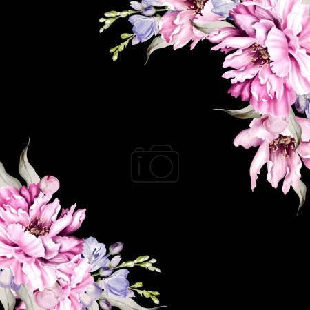 Téléchargez les photos : Pivoine et fleur d'iris, feuilles vertes. Carte de mariage floral. illustration aquarelle - en image libre de droit