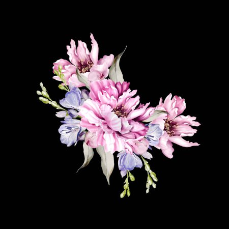 Téléchargez les photos : Bouquet of peony and iris, green leaves. Floral wedding card. watercolor illustration - en image libre de droit