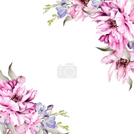 Téléchargez les photos : Peony and iris flower, green leaves. Floral wedding card. watercolor illustration - en image libre de droit