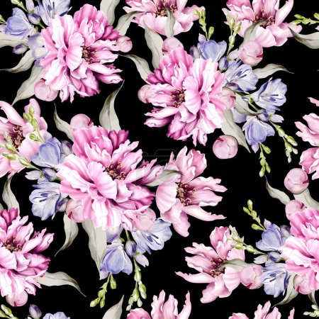 Téléchargez les photos : Pivoine et iris motif sans couture, feuilles vertes. Carte de mariage floral. illustration aquarelle - en image libre de droit
