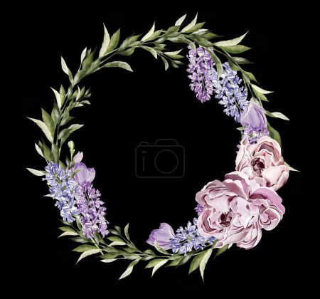Téléchargez les photos : Peony and iris wreath, green leaves. Floral wedding card. watercolor illustration - en image libre de droit