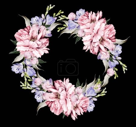 Téléchargez les photos : Couronne de pivoine et d'iris, feuilles vertes. Carte de mariage floral. illustration aquarelle - en image libre de droit
