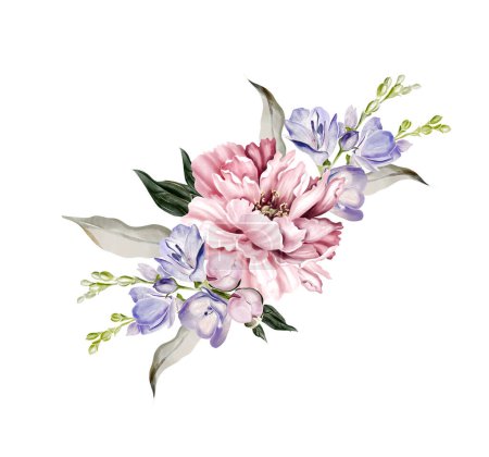 Téléchargez les photos : Bouquet de pivoine et d'iris, feuilles vertes. Carte de mariage floral. illustration aquarelle - en image libre de droit