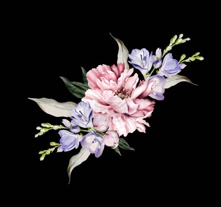 Téléchargez les photos : Bouquet of peony and iris, green leaves. Floral wedding card. watercolor illustration - en image libre de droit