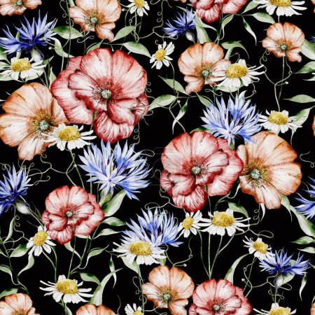 Téléchargez les photos : Aquarelle motif sans couture avec des fleurs de pavot et de bleuet, feuilles. Illustration - en image libre de droit