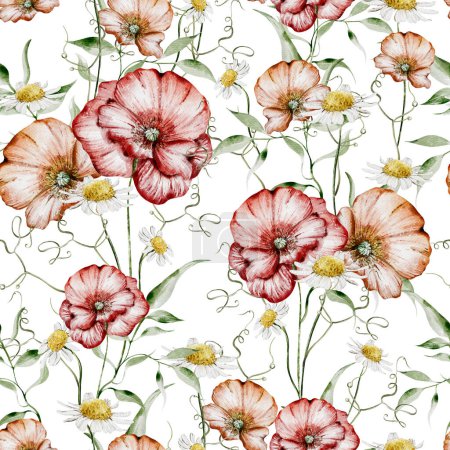 Photo for Watercolor seamless pattern with flowers of  poppy and  chamomile leaves. Illustration - Royalty Free Image