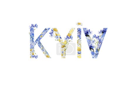 Foto de Dibujo en acuarela de letras 'Kiev' decoradas con colores azul y amarillo, flores. Ilustración - Imagen libre de derechos