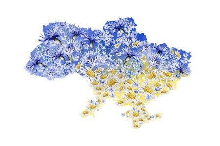 Foto de Acuarela dibujo mapa de Ucrania decorado con flores azules y amarillas. Ilustración - Imagen libre de derechos