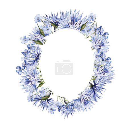 Photo for Watercolor wreath with flowers of  cornflowers and forget-me-not, leaves.  Illustration - Royalty Free Image
