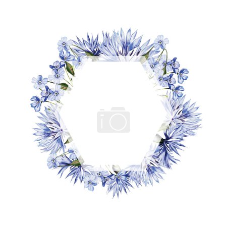 Photo for Watercolor wreath with flowers of  cornflowers and forget-me-not, leaves. Illustration - Royalty Free Image