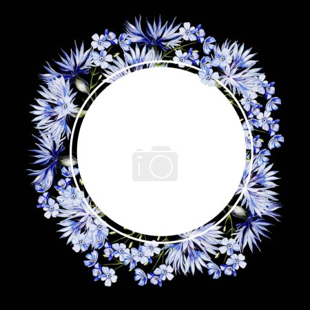 Téléchargez les photos : Couronne aquarelle avec des fleurs de bleuets et de camomille, feuilles. Illustration - en image libre de droit