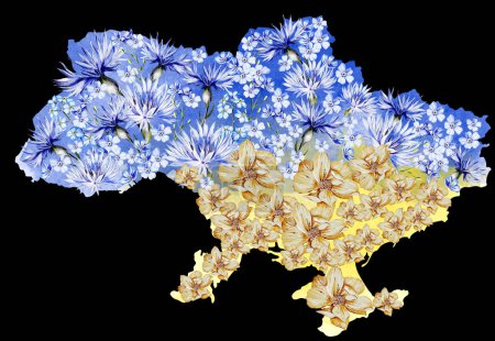 Téléchargez les photos : Carte de dessin à l'aquarelle de l'Ukraine décorée de fleurs bleues et jaunes. Illustration - en image libre de droit