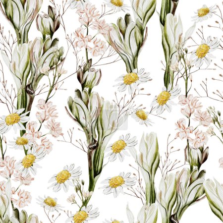 Téléchargez les photos : Aquarelle motif sans couture avec des fleurs de camomille et des fleurs sauvages. Illustration - en image libre de droit