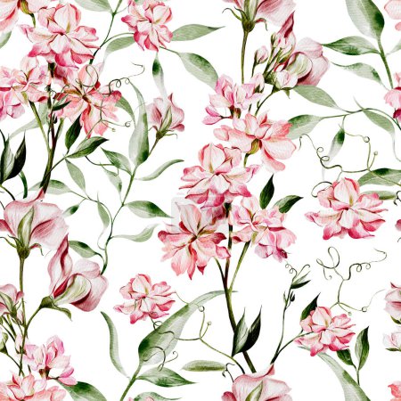 Photo for Watercolor seamless pattern with pea flowers and leaves. Illustration - Royalty Free Image