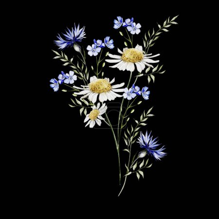 Téléchargez les photos : Bouquet aquarelle aux fleurs sauvages de bleuet et de camomille. Illustration - en image libre de droit