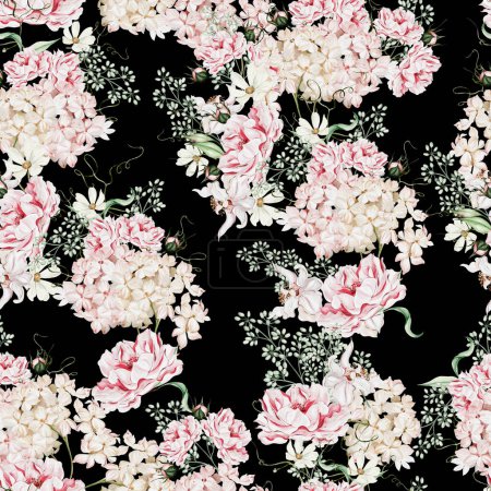 Téléchargez les photos : Aquarelle motif sans couture avec des fleurs et des feuilles d'hortensia de pois. Illustration - en image libre de droit