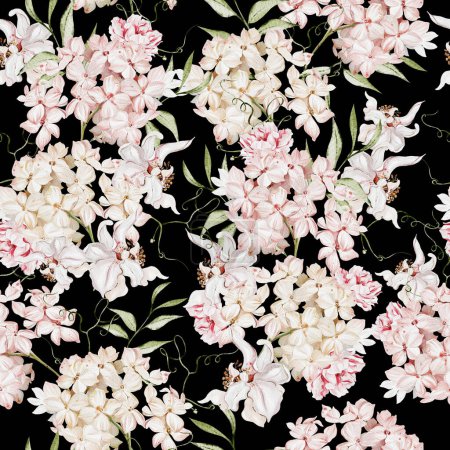 Téléchargez les photos : Aquarelle motif sans couture avec des fleurs d'hortensia et des roses. Illustration - en image libre de droit