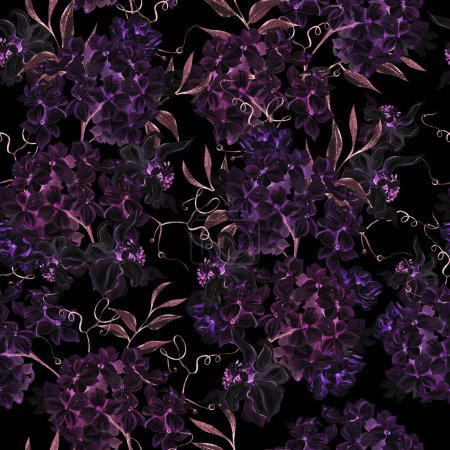 Téléchargez les photos : Aquarelle motif sans couture avec des fleurs d'hortensia et des roses. Illustration - en image libre de droit