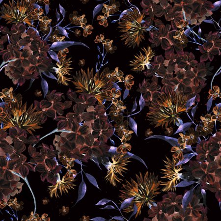 Téléchargez les photos : Aquarelle motif sans couture avec des fleurs d'hortensia et de bleuets. Illustration - en image libre de droit