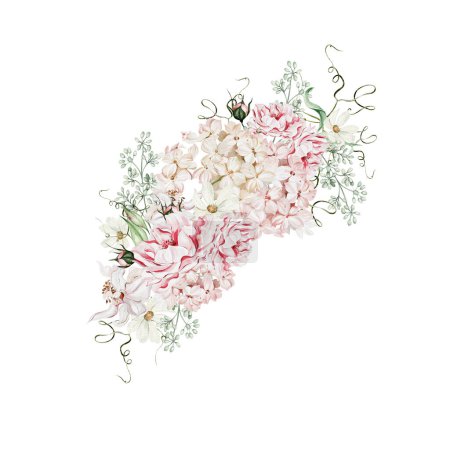 Téléchargez les photos : Couronne aquarelle avec fleurs de roses, bourgeons et hortensias. Illustration - en image libre de droit