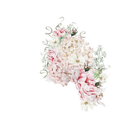 Téléchargez les photos : Couronne aquarelle avec fleurs de roses, bourgeons et hortensias. Illustration - en image libre de droit