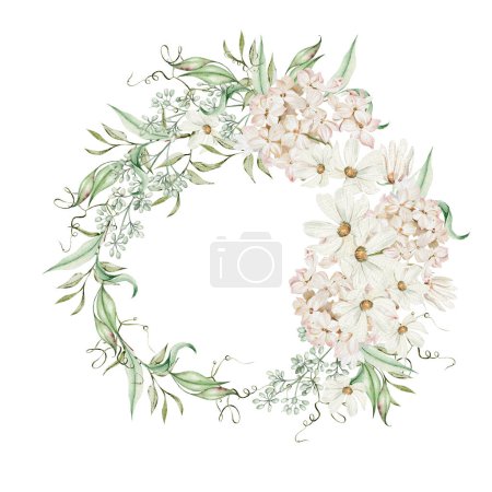 Téléchargez les photos : Couronne aquarelle avec fleurs d'hortensia et camomille, feuilles vertes. Illustration - en image libre de droit