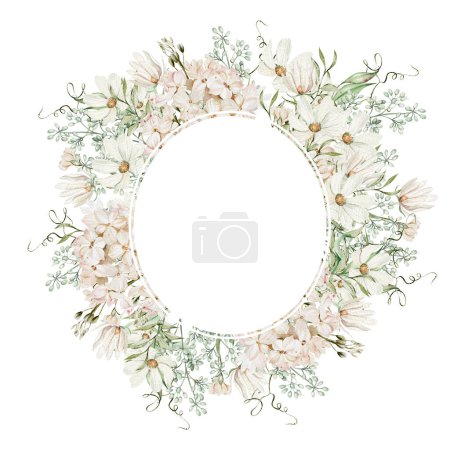 Téléchargez les photos : Couronne aquarelle avec fleurs d'hortensia et camomille, feuilles vertes. Illustration - en image libre de droit
