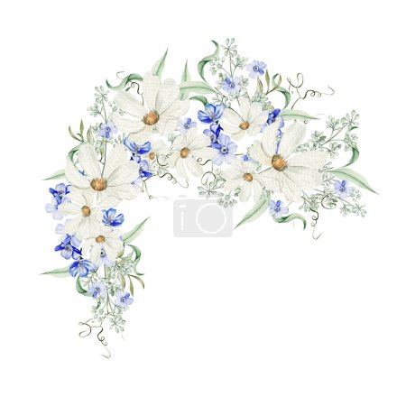 Photo for Watercolor bouquet with forget me not flowers and chamomile, green leaves. Illustration - Royalty Free Image