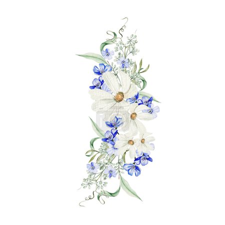 Photo for Watercolor bouquet with forget me not flowers and chamomile, green leaves.  Illustration - Royalty Free Image