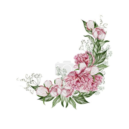 Téléchargez les photos : Bouquet aquarelle avec des fleurs de pivoine et feuilles vertes. Illustration - en image libre de droit