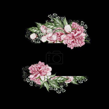 Photo for Watercolor card with peony flowers and green leaves. Illustration - Royalty Free Image