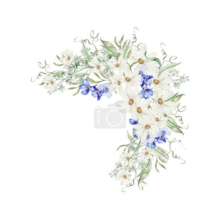 Téléchargez les photos : Bouquet aquarelle avec oubliez-moi pas de fleurs et de camomille, feuilles vertes. Illustration - en image libre de droit