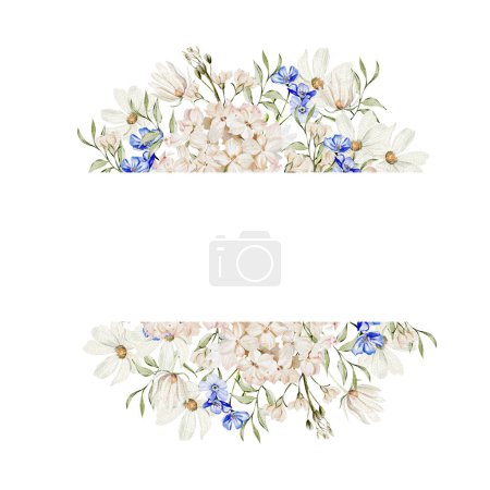Photo for Watercolor wreath with forget me not flowers and chamomile, green leaves. Illustration - Royalty Free Image