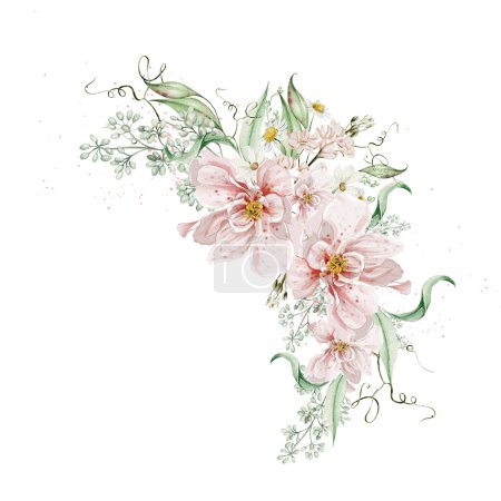 Téléchargez les photos : Bouquet aquarelle avec fleurs et feuilles de roses. Illustration - en image libre de droit