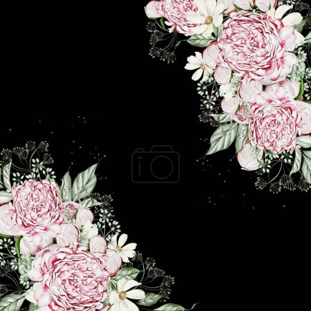 Photo for Watercolor card with roses flowers and chamomile,leaves.  Illustration - Royalty Free Image