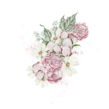 Téléchargez les photos : Bouquet aquarelle avec fleurs de roses et camomille, feuilles. Illustration - en image libre de droit