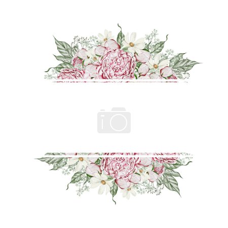 Foto de Tarjeta de acuarela con flores de rosas y manzanilla, hojas. Ilustración - Imagen libre de derechos