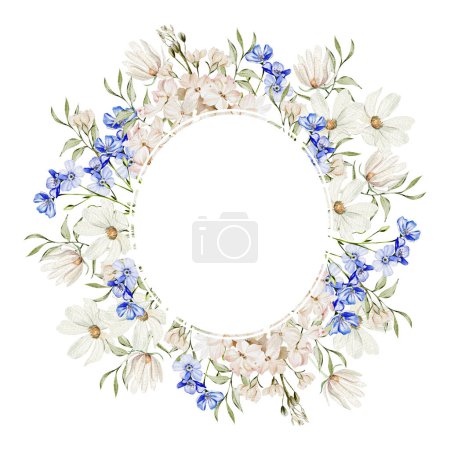 Photo for Watercolor wreath with forget me not flowers, chamomile and hudrangea, green leaves. Illustration - Royalty Free Image