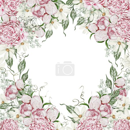 Téléchargez les photos : Carte aquarelle avec fleurs de roses et camomille, feuilles. Illustration - en image libre de droit
