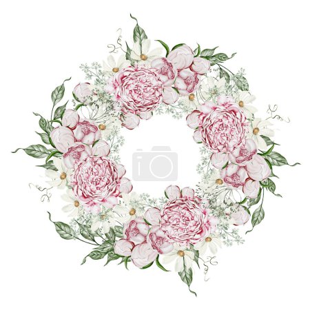 Téléchargez les photos : Couronne aquarelle avec fleurs de roses et camomille, feuilles. Illustration - en image libre de droit