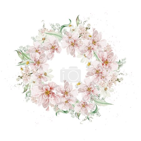 Photo for Watercolor wreath with roses flowers and chamomile,leaves. Illustration - Royalty Free Image