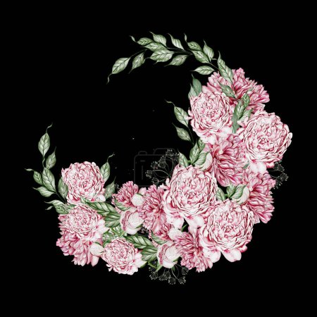 Photo for Watercolor wreath with peony flowers and green leaves. Illustration - Royalty Free Image