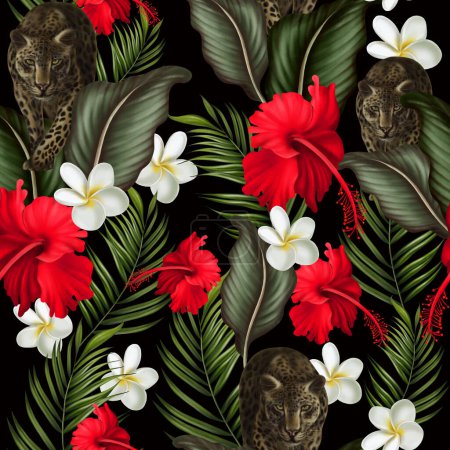 Foto de Patrón tropical sin costuras con hojas verdes y flores. ilustración - Imagen libre de derechos