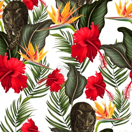 Téléchargez les photos : Motif tropical sans couture avec des feuilles et des fleurs vertes. illustration - en image libre de droit