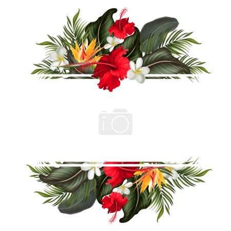 Téléchargez les photos : Carte tropicale feuilles et fleurs vertes. illustration - en image libre de droit