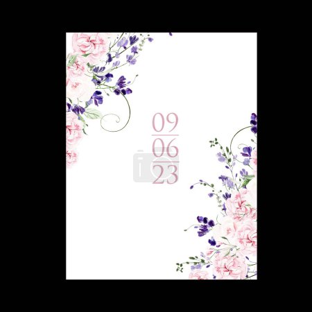 Photo for Watercolor wedding card with wisteria, roses and wild flowers, green leaves.  Illustration - Royalty Free Image
