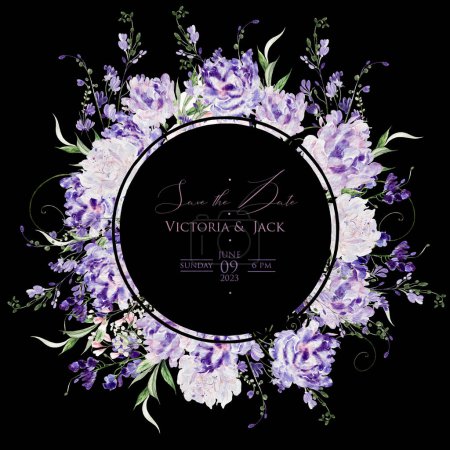 Photo for Watercolor wedding card with wisteria, roses and wild flowers, green leaves. Illustration - Royalty Free Image